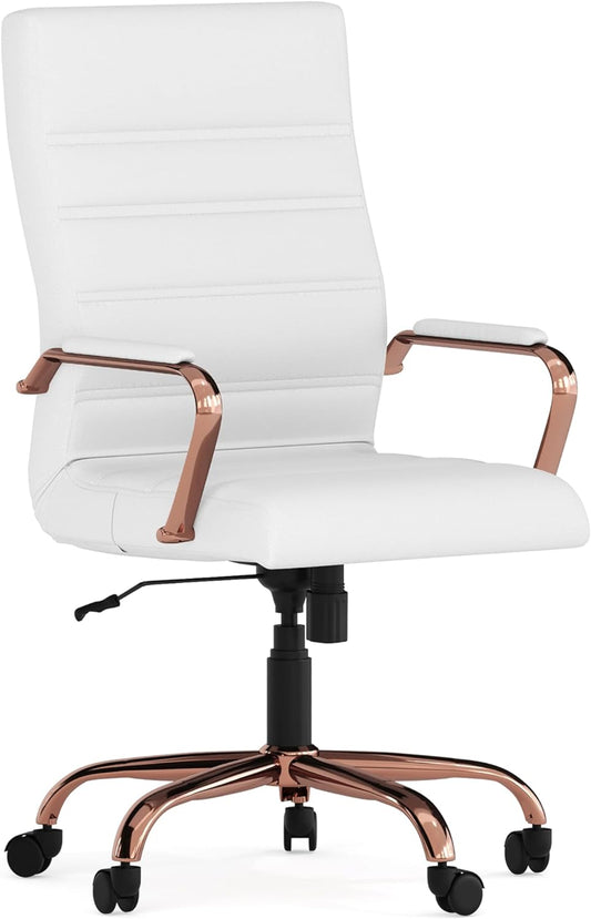 Flash Furniture Whitney High-Back Swivel LeatherSoft Desk Chair with Padded Seat and Armrests, Adjustable Height Padded LeatherSoft Office Chair, White/Rose Gold