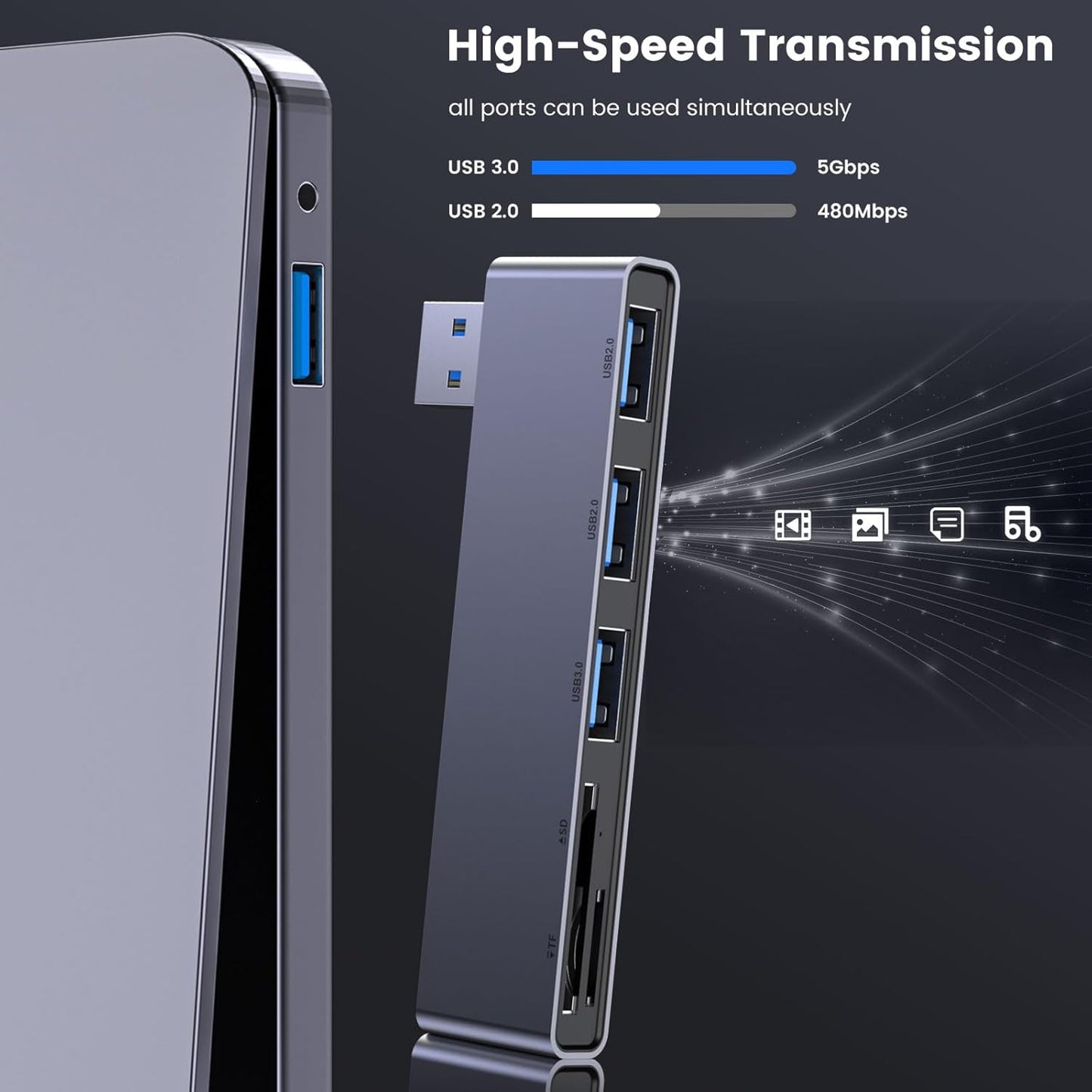 Fidioto USB A Hub, Networking Hubs Right Model 5-in-1 Adapter with 1 USB3.0 &2 USB2.0 & Micro SD/TF Card Reader, Compatible for Laptop MacBook, Chromebook, Dell, HP, Samsung, Keyboard, Mouse Etc.