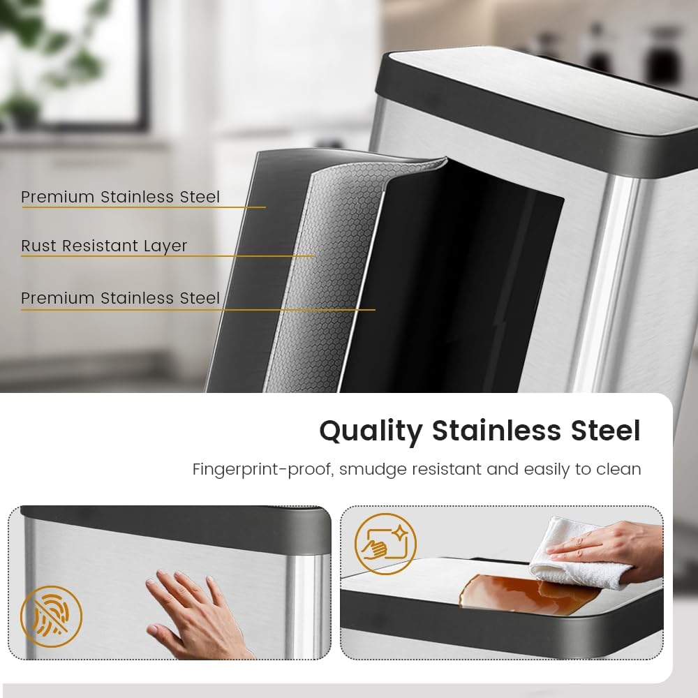 10 Gallon Stainless Steel Trash Can with Removable Inner Bucket, Soft Close Lid, and Hands-Free Foot Pedal - Modern Kitchen Waste Bin