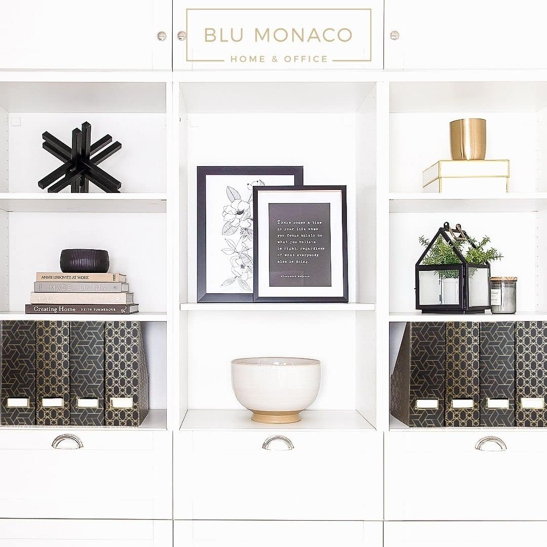 BLU MONACO Set of 4 Stylish Black & Gold Geometric Magazine File Holders with Gold Label Holders – Desk or Bookshelf Storage for Home, Office, Classroom Organization and Décor