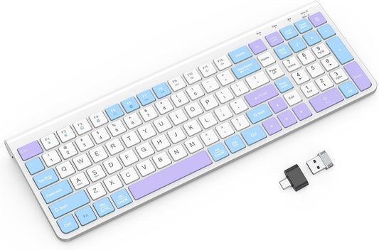Colorful Wireless Keyboard with Low-Profile Keys-Soft Touch,Cute,Quiet Design,Windows & Mac OS，Office Cordless Slient Computer Keyboard for Desktop,Laptop, PC, Mac, Windows-Purple Blue White