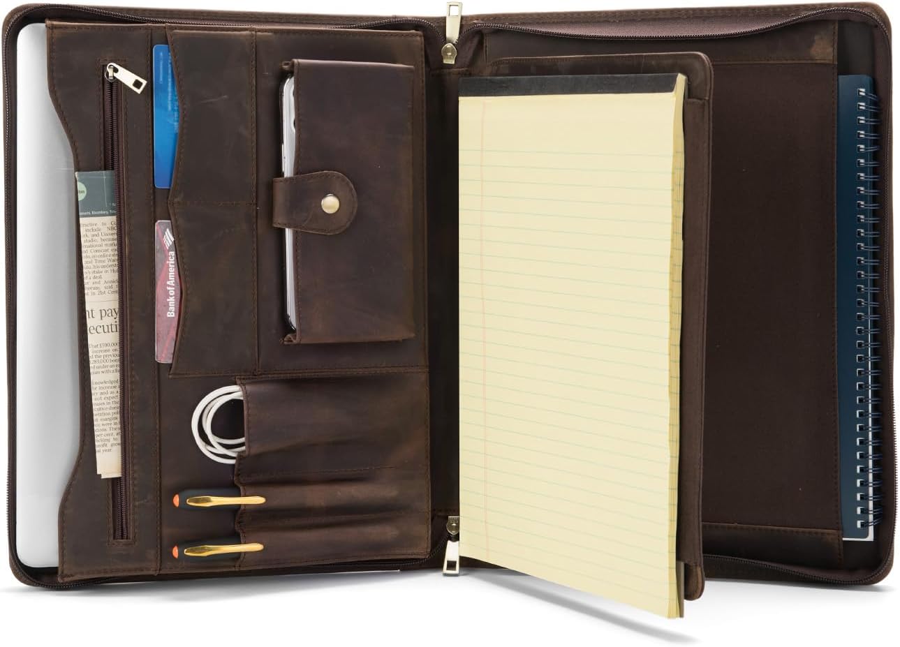 Genuine Leather Portfolio with Front Pocket for Men and Women, 8.5 x 11 Legal Pad Notepad Holder, Zippered Business Organizer, Professional Executive Letter Notebook Folder for Work, Dark Khaki