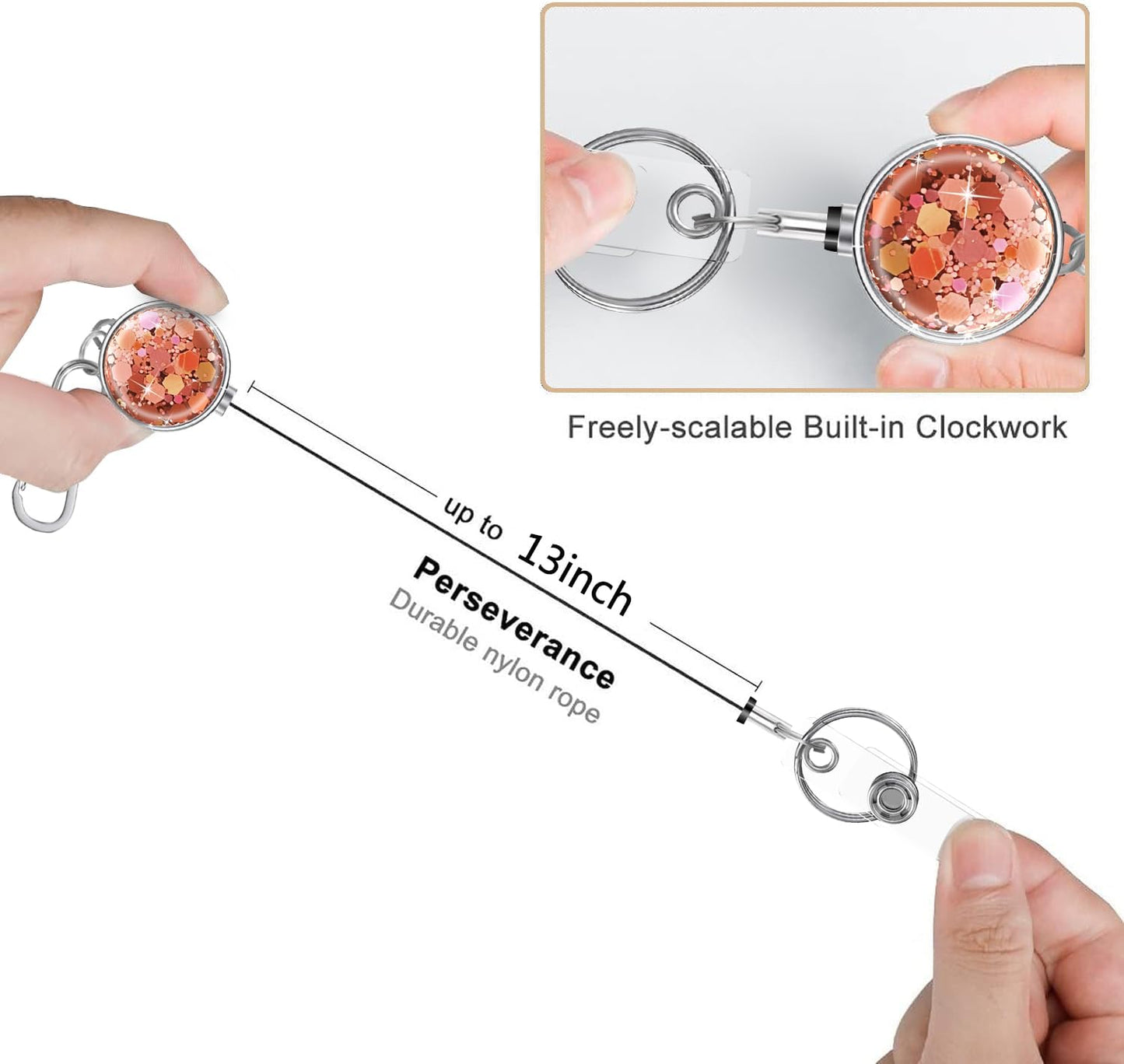 bolimoss Retractable Keychain for Badge Holder Metal Badge Reel with Carabiner Clip Key Ring, Glittery Retractable Badge Holders for Nurse,Volunteer,Teacher,Student (3 Pack Bling Pink, Silver, Green)