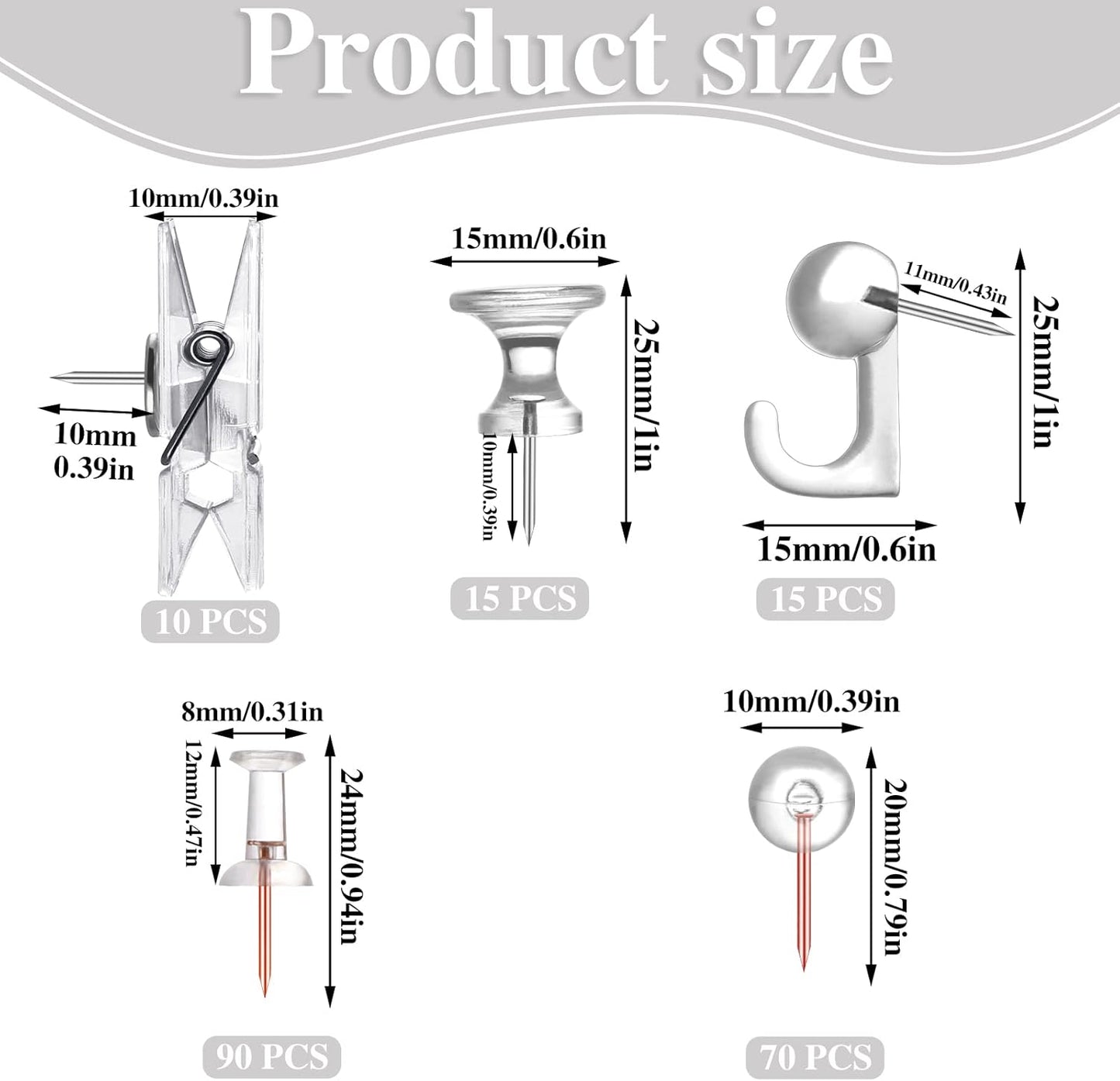 200 Pieces Push Pins Set, 5 Types Clear Thumb Tacks Push Pins for Wall Cork Board Bulletin Boards with Storage Box