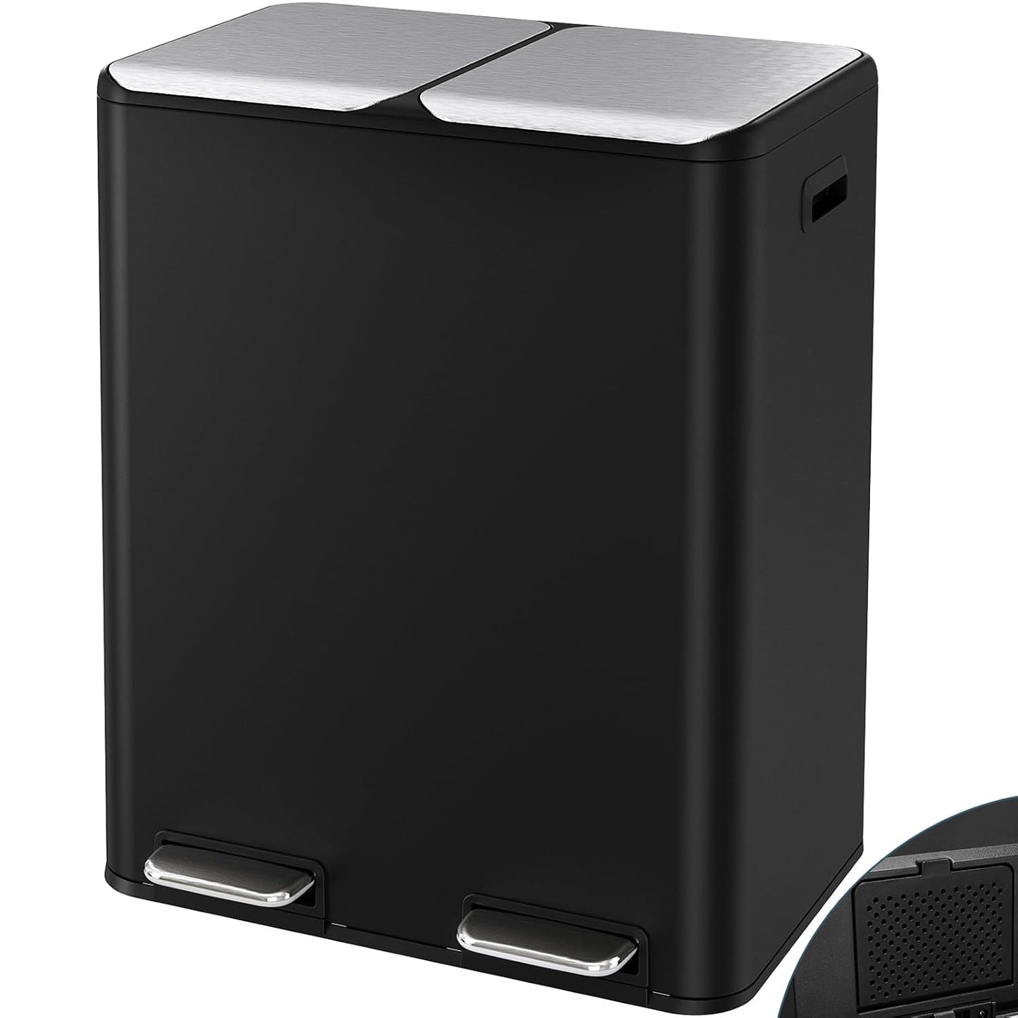 Arlopu 16Gal Dual Trash Can w/2 Built-in Box for Odor Control, Hands-Free Kitchen Garbage Bin, Recycle Waste Dustbin, Soft-Close Lid, 2 Buckets,Foot Pedal, Side Handle, Airtight,for Home Office