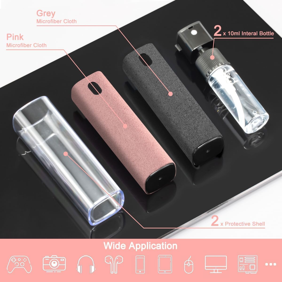 2 Pack Screen Cleaner Spray and Wipe for Laptop Monitor and Car Screens, Phone Touchscreen Mist Cleaning Kit for Cellphone, Tablet, PC, Computer, LCD, Eyeglass, iPhone, iPad, Mac Pro - Grey and Pink