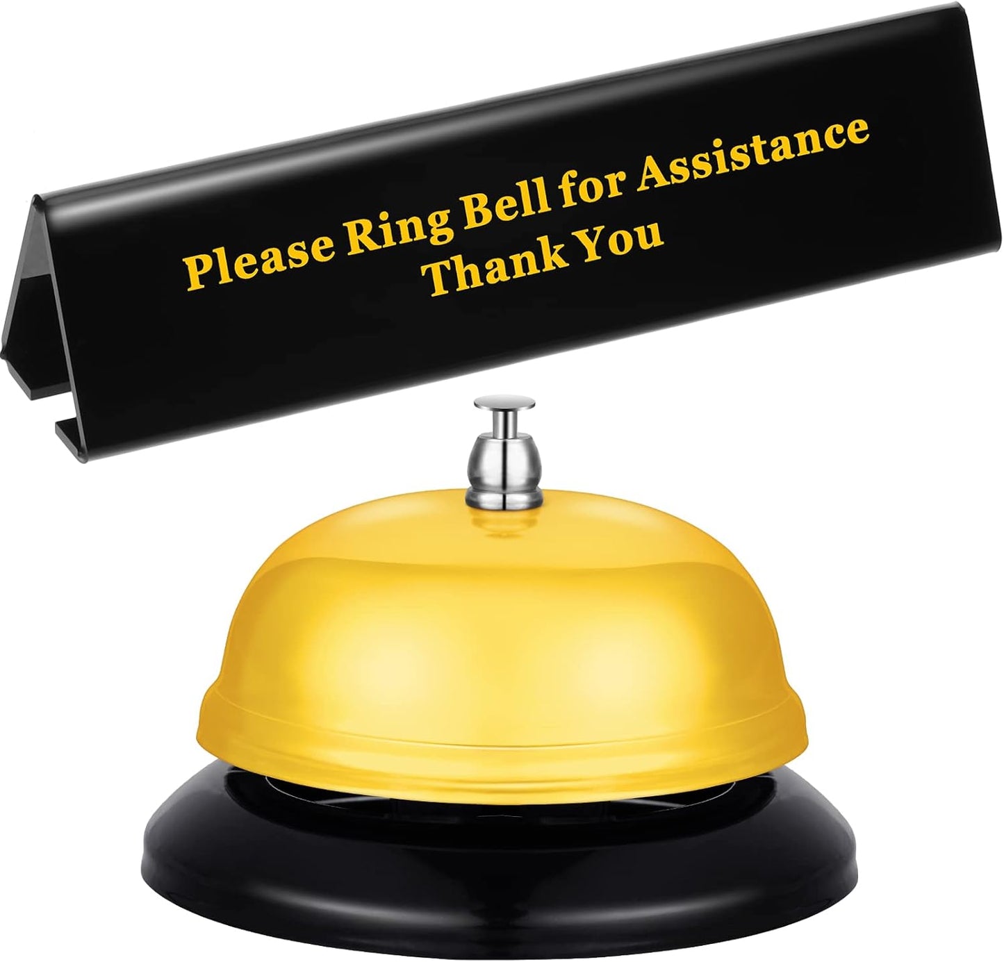 Boao Desk Service Dinner Bell Metal Silver Call Bell and Double Side No Receptionist Sign Please Ring Sign for Service Assistance for Hotel School Restaurant Reception Area(Yellow Bell)
