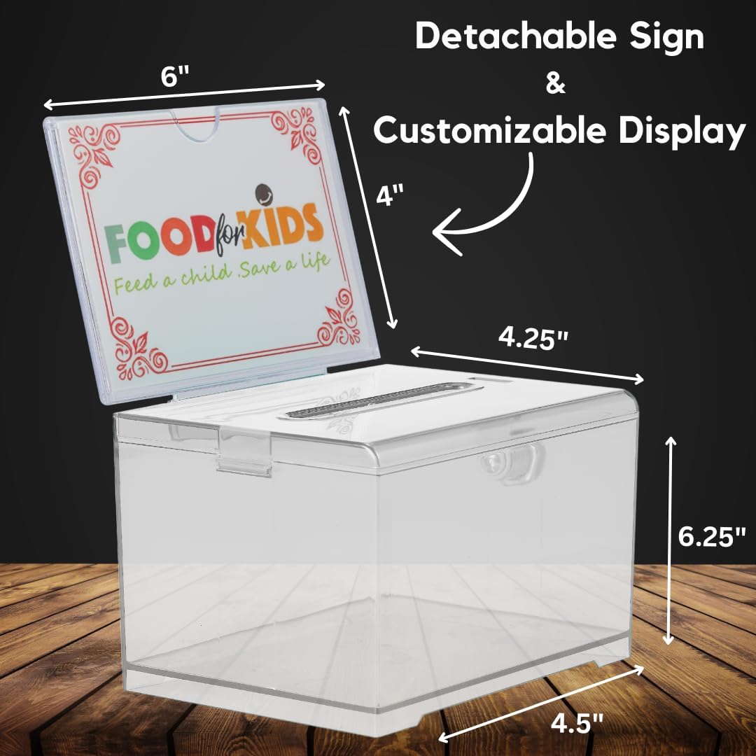 Adir Suggestion Box with Slot and Lock – Acrylic Donation Box for Fundraising, Drawing Box for Raffle, Funraiser Box, Tip Box with Lock - 6.25x4.5x 4 Inches voting box with slot and Sign Holder