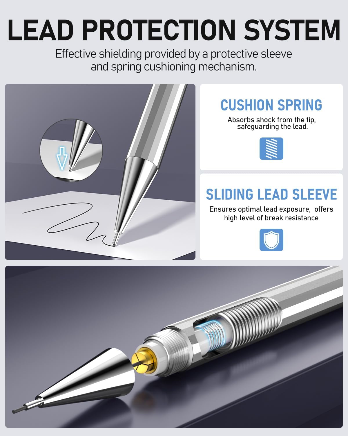 Four Candies 0.5mm Mechanical Pencil Set with Case - 4PCS Metal Mechanical Pencils, 8 Tubes HB #2 Lead Refills, 3PCS 4B Erasers and 9PCS Eraser Refills, Lead Mechanical Pencils for Writing & Drawing