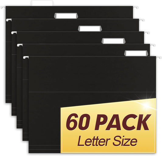 HERKKA Hanging File Folders, 60 Pack Reinforced Letter Size Hanging Folders, Designed for Bulky Files, Filing Cabinet, 1/5-Cut Adjustable Tabs (Black)