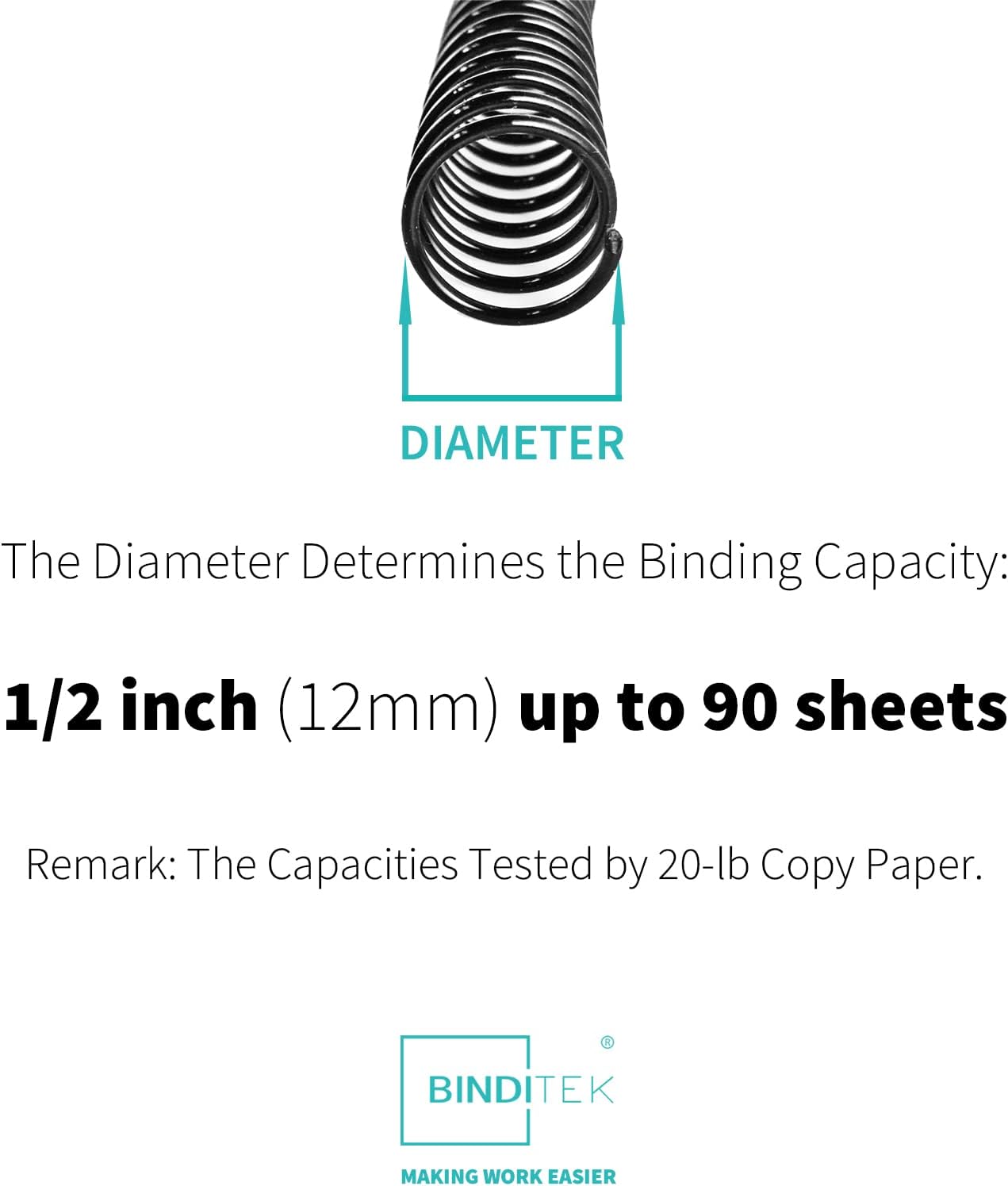 Binditek 100 Pack Plastic Spiral Binding Coils, 12mm(1/2"), 90 Sheet Capacity, 4:1 Pitch, Black, 48Loops, for Letter Size, for Students and Coworkers
