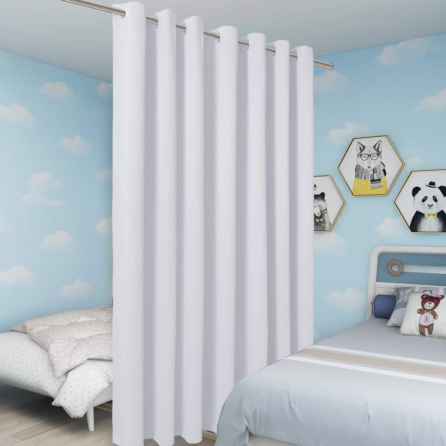 BONZER Extra Wide Room Divider Curtain Screen Partitions Total Privacy Wall Blackout Curtains for Shared Room, 108L x 108W Inch (9L x 9W ft), 1 Panel, Greyish White