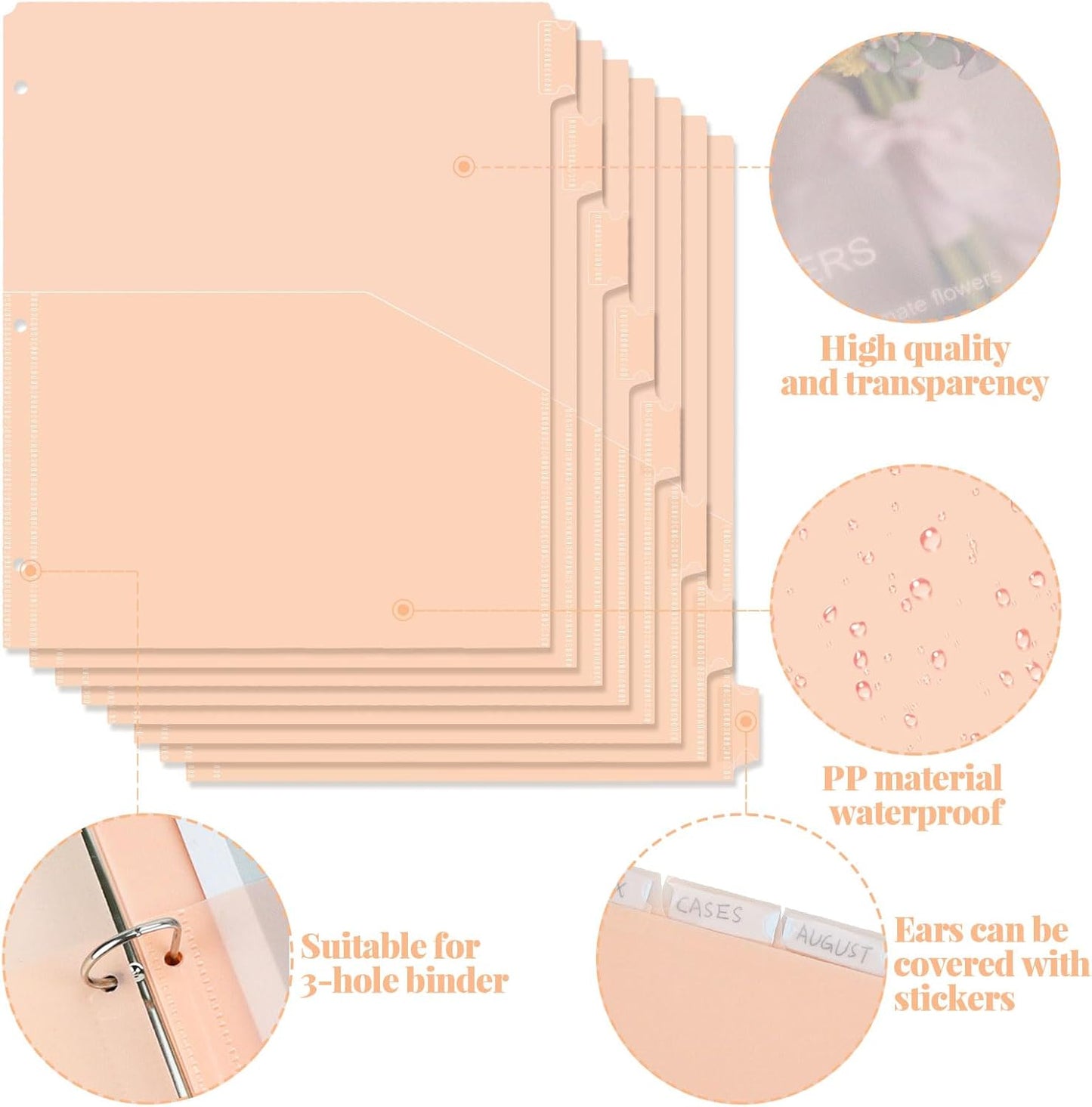 8 tab dividers for 3 Ring Binder with Pockets, Plastic Dividers with Clear Front Pocket, 8-tab Index Dividers with 3 Holes Punched for School & Office Supplies (Light Orange, 8 Tabs)
