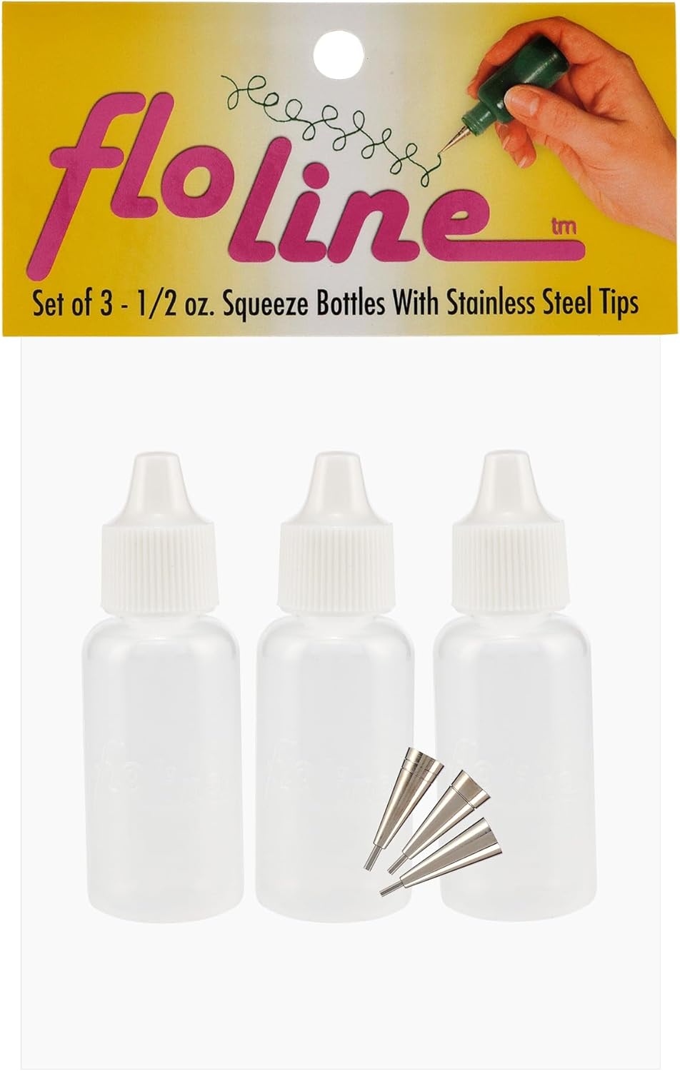 Flo Line Precision Tip Applicator Bottle - Fine Tip Squeeze Bottles for Fluid Media, Inks, Acrylics, Watercolor, Quilling, Paint Bottles with Tip Pack of 6 - 0.5oz bottles w/ 0.5, 0.7, 0.9 Metal Tips