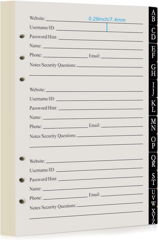 BTSFTOGET Password Book Refill Pages 212 Replacement Pages Internet Log Book, 8.2x5.6in, Large Print 576 Entries Durable Divider with Alphabetical Tabs, For Men Women Seniors Home Office Use
