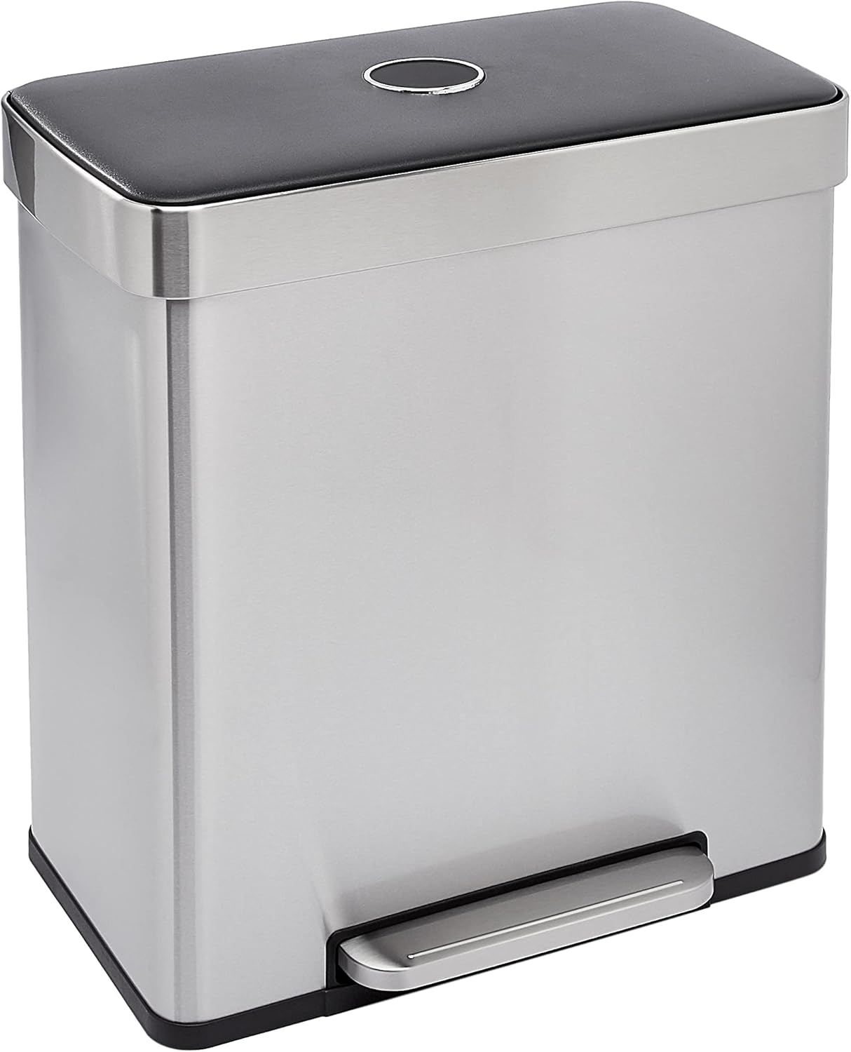Amazon Basics Dual Compartment Recycling Trash Can with Soft-Close Lid and Removable Liner Buckets, 60 Liters, Rectangular, Grey, Silver