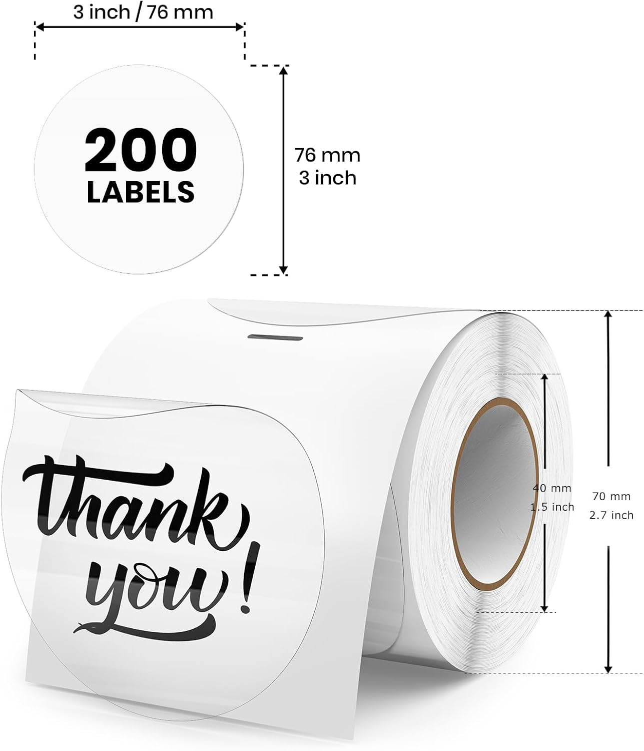 Clear Thermal Labels Round Vinyl 3 Inch Transparent Direct Printer Label Circle Self Adhesive Waterproof Decals Roll for Home Office Business QR Code Seal DIY Logo 200 PCS