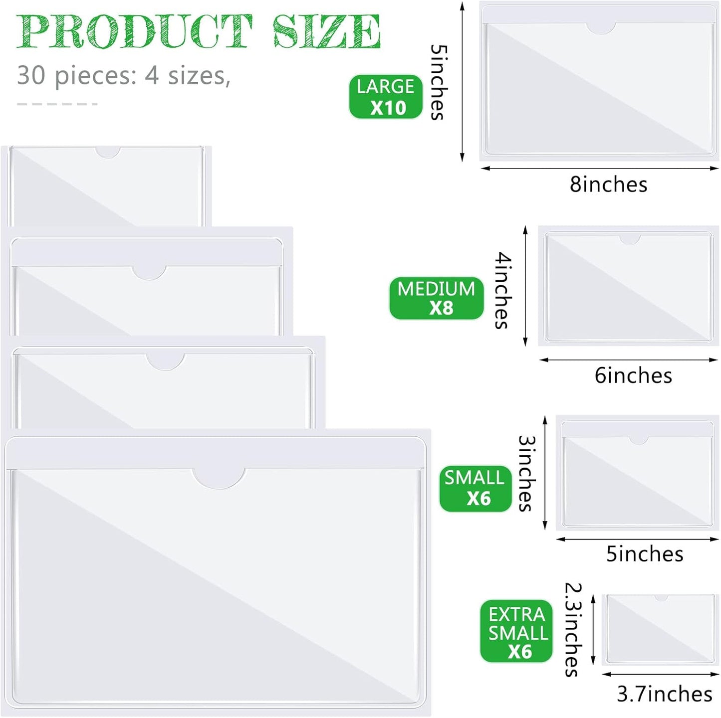 Chinco 30 Pcs Self Adhesive Pockets, Bin Labels for Storage Bins, Clear Pocket Label Sleeves, Plastic Index Card Holder with Top Open for Organizing Bins Box Drawer(Mixed Sizes)