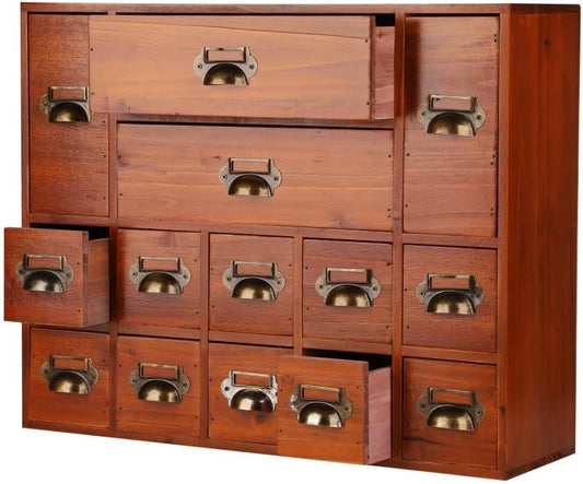 Apothecary Drawers Card Catalog Cabinet with 14 Drawers Wooden Card Catalog Wooden Storage Box for Desktop Organizer (Brown)