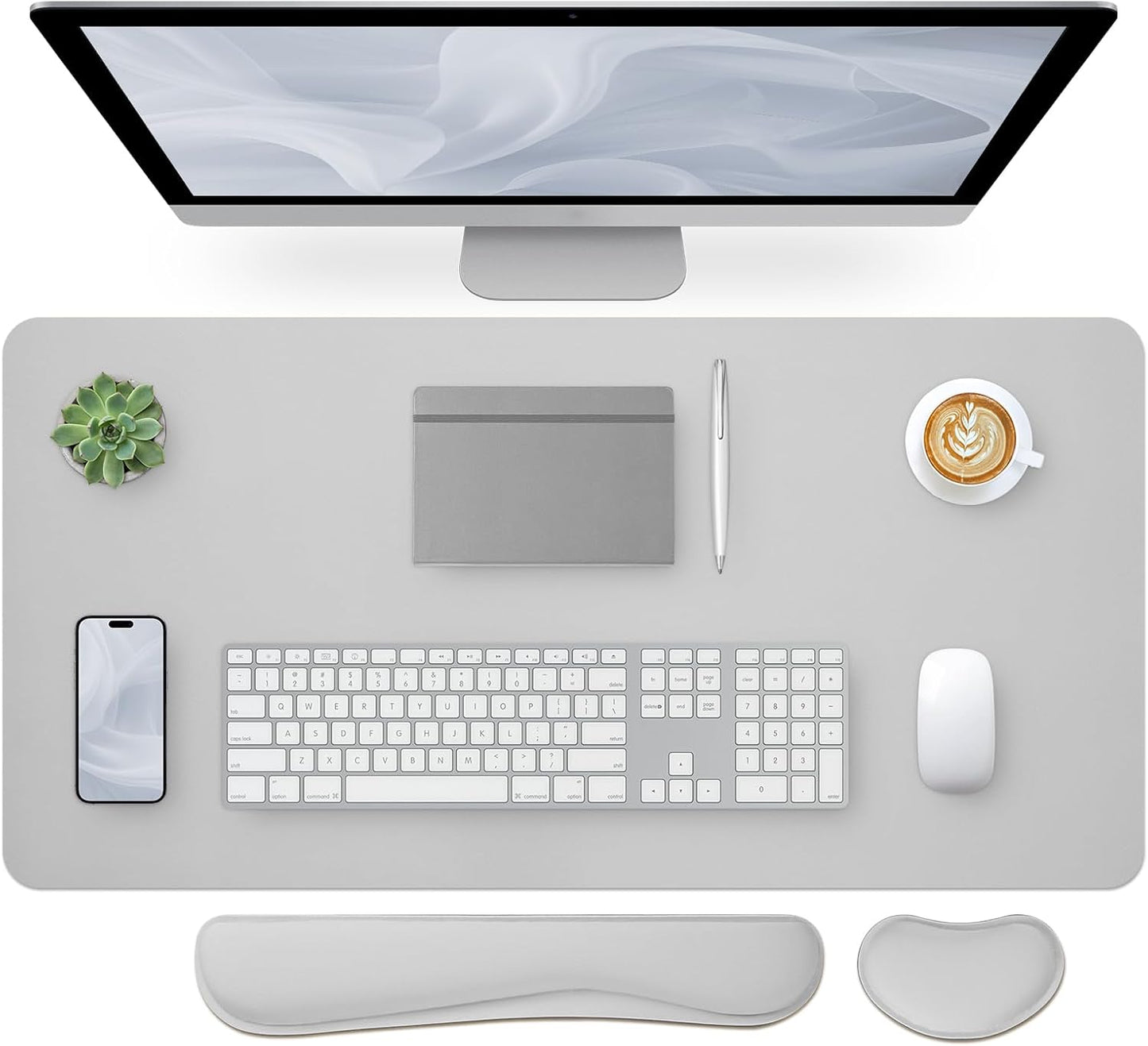 Bloss Leather Desk Pad and Keyboard Wrist Rest, Large Mouse Pad + Keyboard Pad+Mouse Wrist Support, Non-Slip Desk Mat Protector for Office, Home(31.5×15.7 Inches, Light Grey)