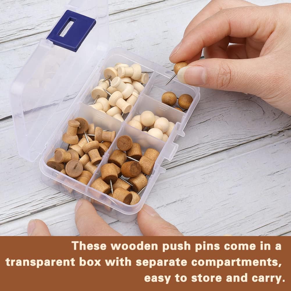 60 Pcs Wood Push Pins, 2 Colors and 5 Types Decorative Thumb Tacks Wooden Head Pin Map Tacks Marking Pin, Wood Thumb Tacks Decorative for Bulletin Boards Craft Projects with Storage Box