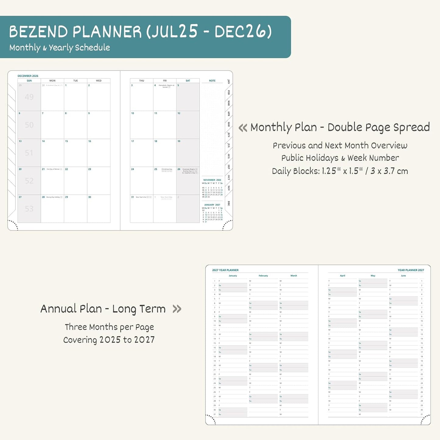 BEZEND Planner 2025-2026 Weekly and Monthly, 5.8" x 8.5" Academic Calendar (Jul 25-Dec 26) Vertical Daily Appointment with Hourly Timeslot & Monthly Tab, PU Leather Hardcover - Sky Blue