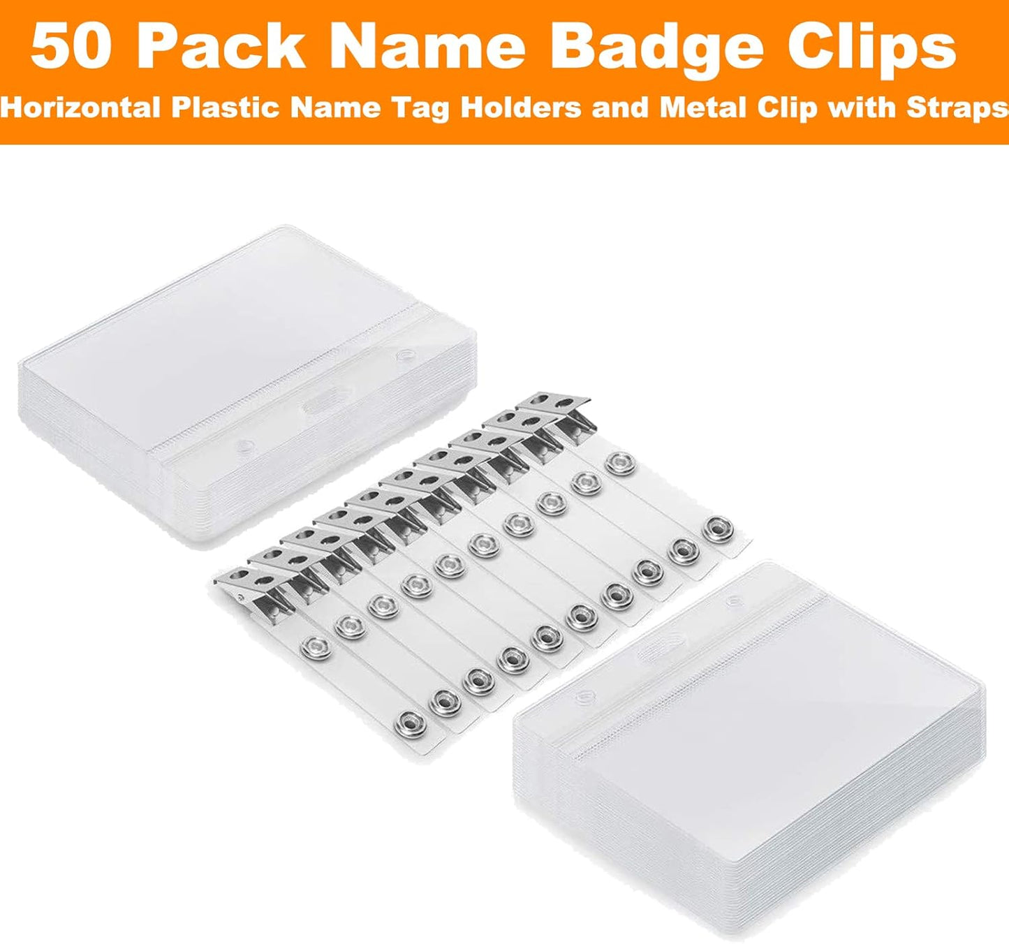 ID Badge Holder with Clip Clear Plastic Name Tag Holders Horizontal Ziplock Waterproof PVC ID Card Holder with Clip Straps(50 Pack, Horizontal 2.3X3.5)