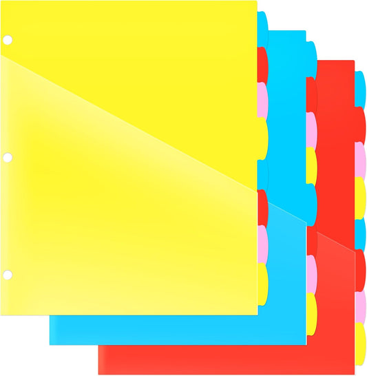 8 Tabs Plastic Dividers with 2 Clear Pockets - 6 Sets, Pocket Dividers for 3-Ring Binders, Multi-Color Binder Dividers, Total 48 Tabs