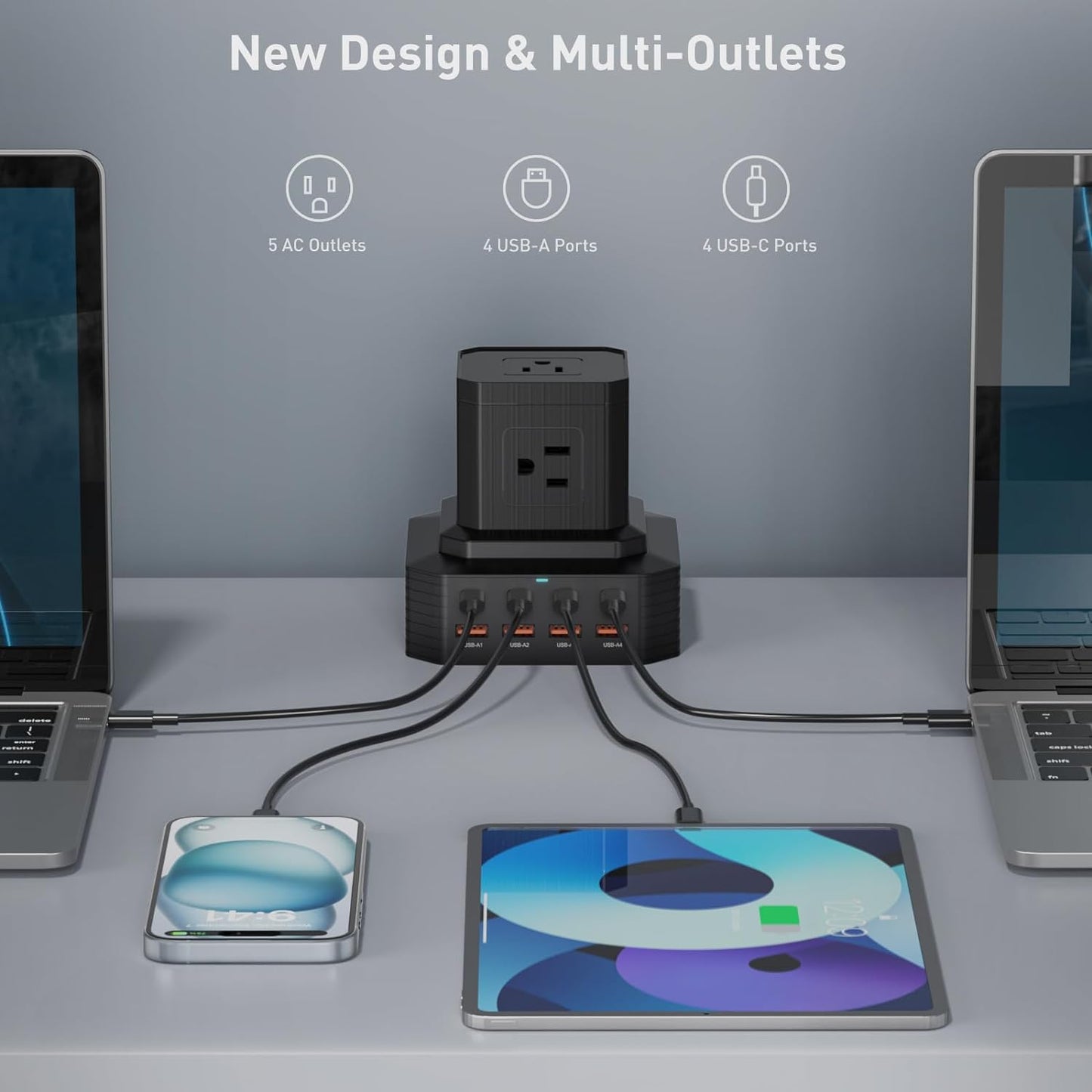 100W USB C Charging Station 13-in-1 Surge Protector Power Strip with 4 PD USB-C & 4 USB-A Ports, Adapt to MacBook Pro/Air, iPhone 15/14, iPad, and Multi-Device Office and Home Chargers