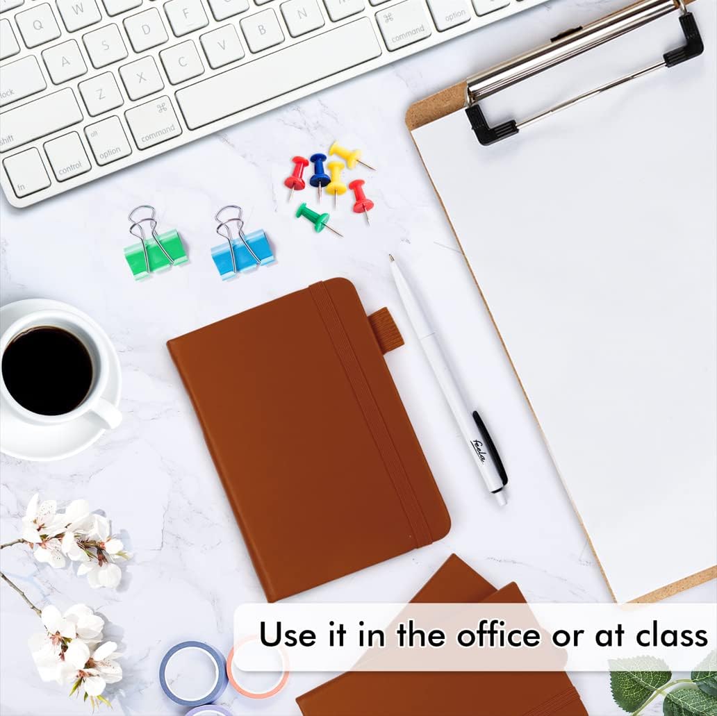 feela 6 Pack Pocket Mini Notebooks Bulk, Small Cute Memo Notepads Hardcover College Ruled Lined Journals with Pen Holder for School Business Work, with 6 Black Pens, 3.5”x 5.5”, A6, Brown