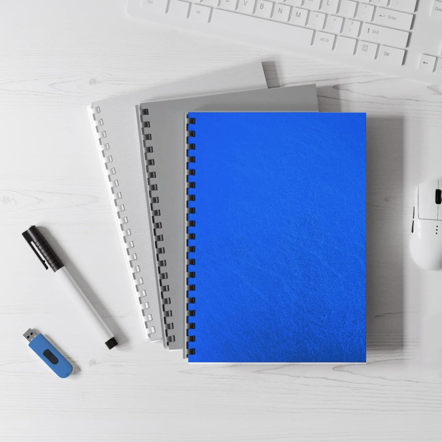 Binditek 50 Pack 16 Mil Leather Textured Polycovers - Binding Presentation Covers for Business Reports and Proposals 8-1/2 x 11 Inches, Blue Color, for Students and Coworkers