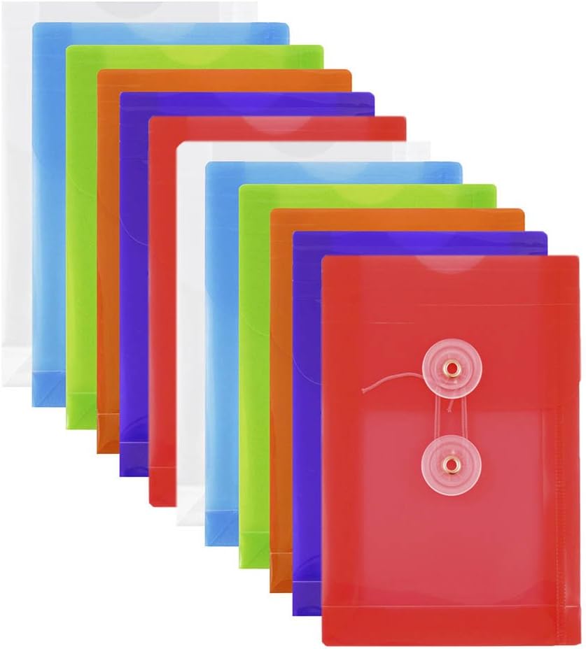 JAM PAPER Plastic Envelopes with Button & String Tie Closure - 4 1/4 x 6 1/4 - Assorted Colors - 12/Pack