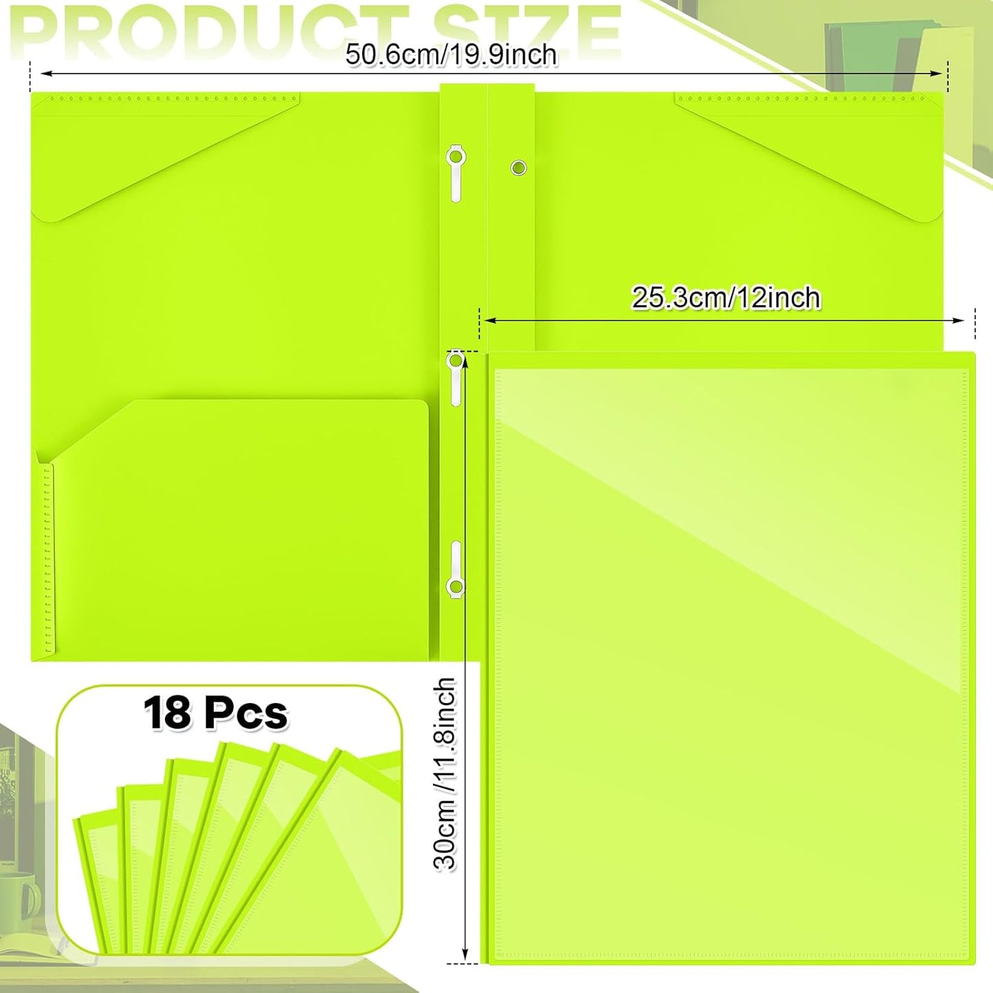 Henoyso 18 Pcs Plastic Folder with Clear Front Pocket and 3 Prong Plastic Folders with Card Slot Pocket Folders with Prongs for School Office (Fluorescent Green)