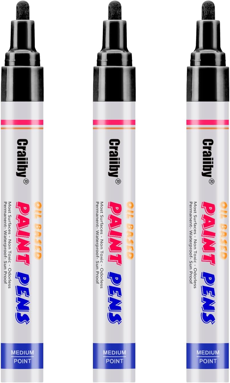 Black Paint Markers, 3 Pack Oil-Based Waterproof Quick Dry Permanent Paint Pen Set for Rocks Painting, Wood, Fabric, Plastic, Canvas, Glass, Mugs, Metal, Tire, Stone, DIY Craft