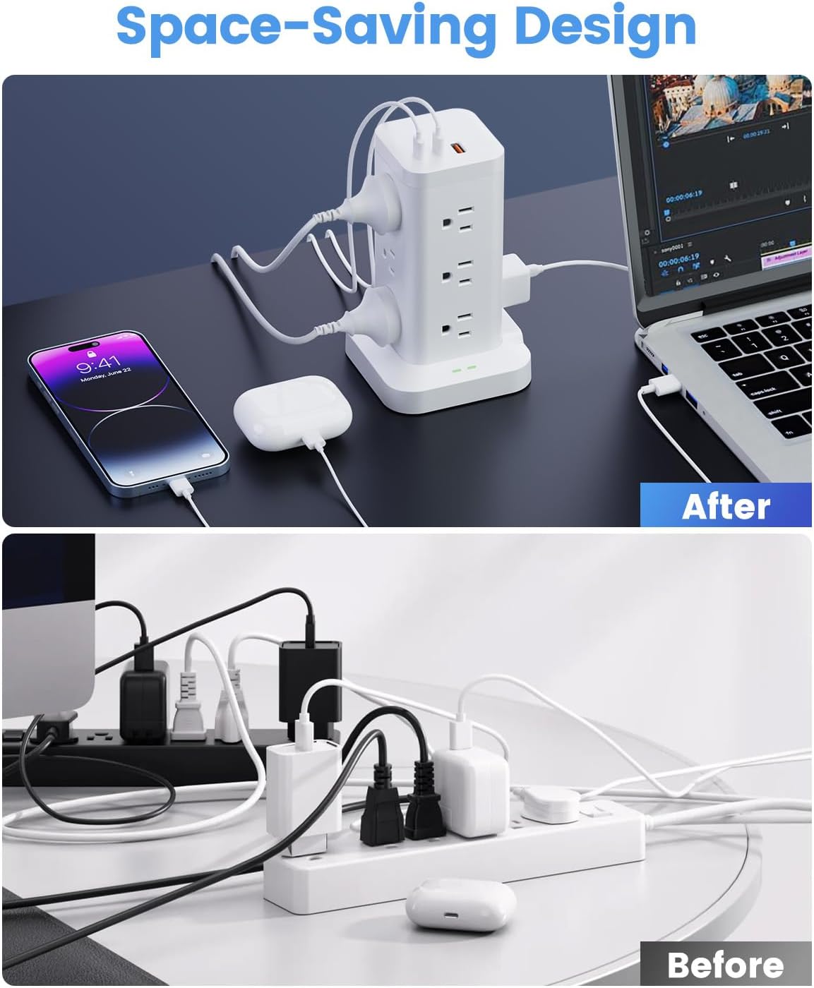 15-in-1 Power Strip Tower with Surge Protector 1800J, Fast Charging Tower PD20W USB-C Ports with 12 AC Outlets, 10ft Extension Cord for Home Office Dorm Room, White