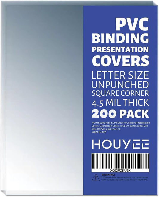 HOUYEE 200 Pack 4.5 Mil PVC Binding Presentation Covers,Clear Report Covers,8.5x11 Inches,Letter Size