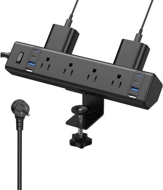 40W Fast Charging Station,Desk Clamp Power Strip,4 USB-C Ports & 8 AC Outlets,Desktop Edge Mount Surge Protector Power Strip,14AWG Heavy Duty Cord,Fit 1.9" Tabletop Edge for Home Office(10Ft Cable)