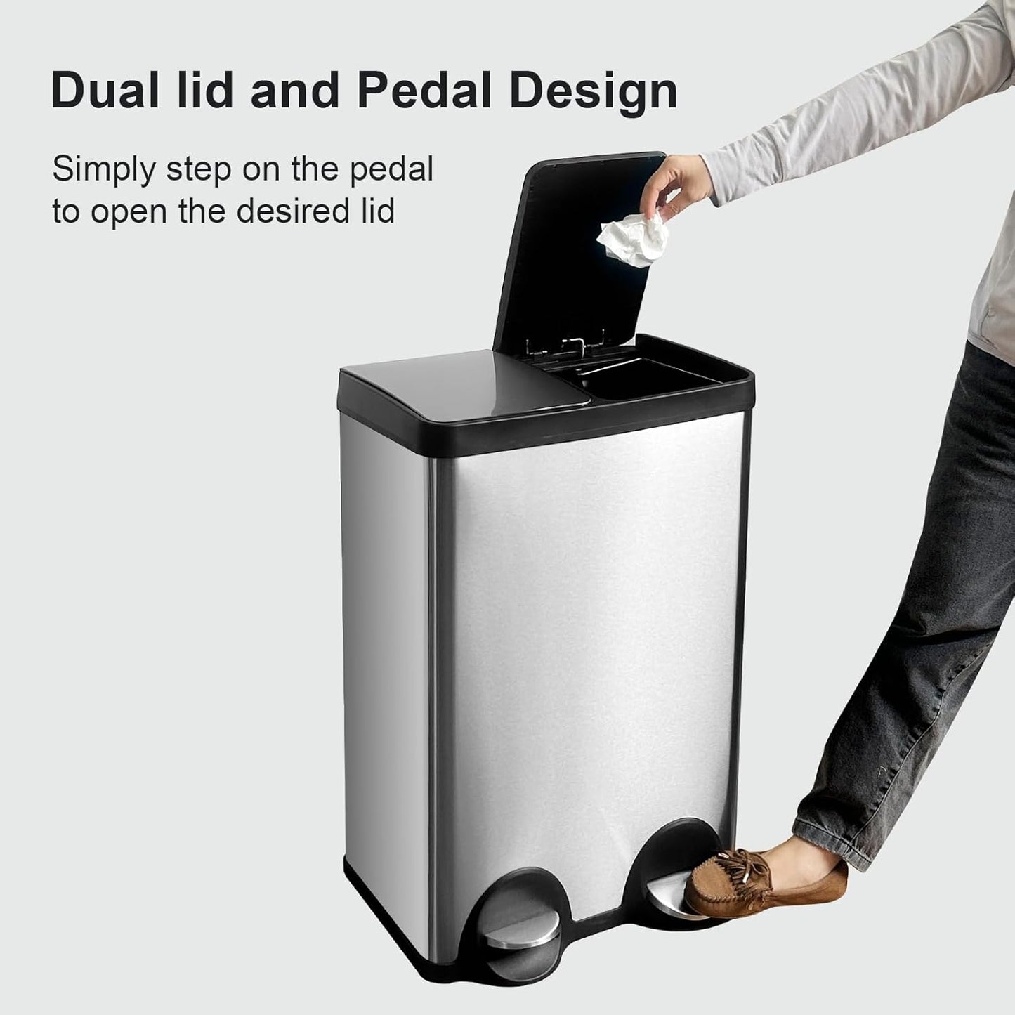 Dual Trash Can, 60 Liter/16 Gallon Dual Bin Trash Can with Lids, Kitchen Trash Can Dual Compartments, Trash and Recycling Bin Combo, Hands-Free Stainless Steel Kitchen Trash Can