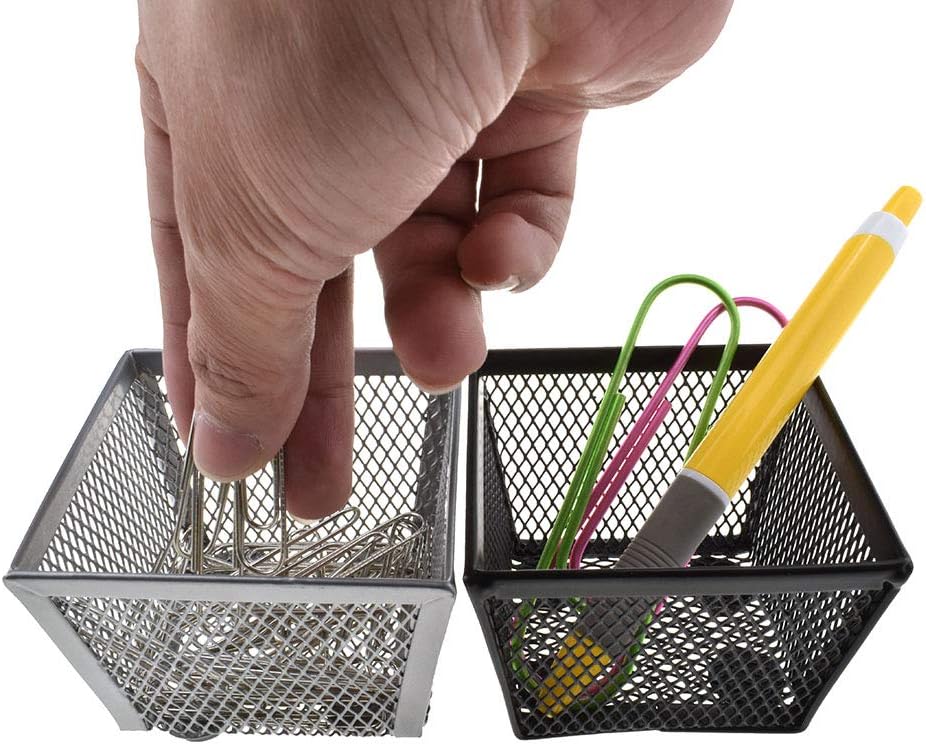 HAHIYO Stackable Paper Clip Mesh Holder Cup 2.2" Height 4 Pack Sturdy Paperclip Holder Container for Desk Drawer Organizer Collection for Home Office School Black Silver Soft Foam Feet No Sharp Edges