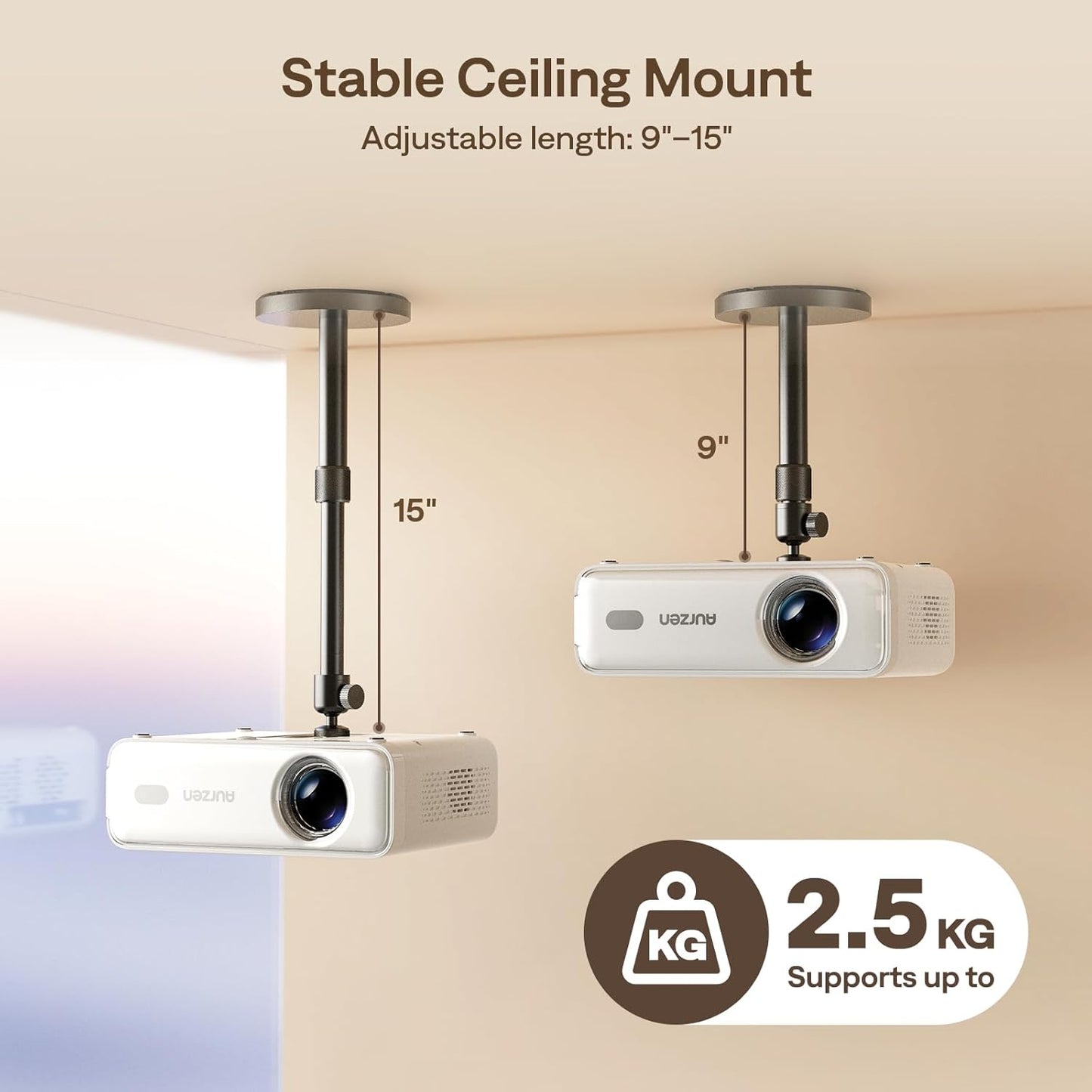 Aurzen Ceiling Projector Mount Bracket, 360° Rotation & 90° Tilt, Adjustable 9"-15" Length, ¼-Inch Screw, Compatible with TMY, HAPPRUN, Yaber, Epson & Most Projectors for Ceiling/Wall Use