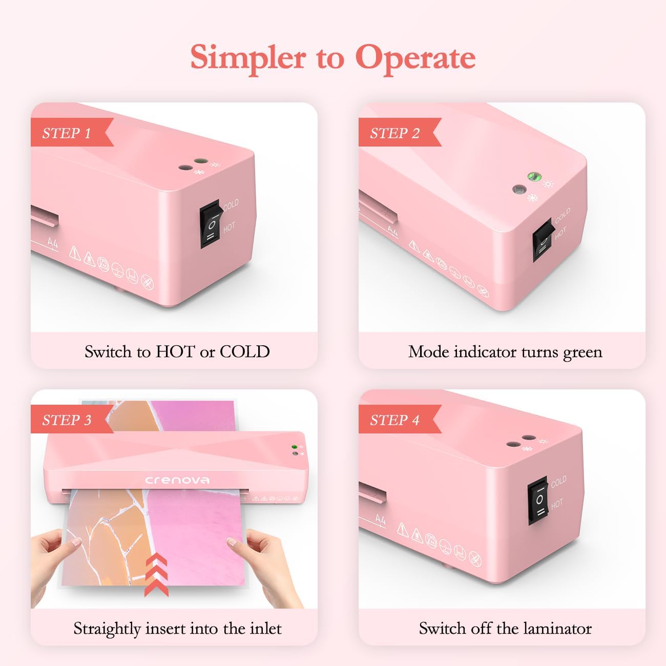 Crenova A4 Laminator Machine 4 in 1 Personal Desktop Hot & Cold with 10 Laminating Pouches No Bubbles 9 Inch Thermal Laminator for Home Office School Business Use Pink