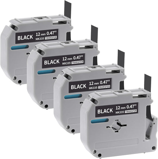 Fimax 4 x Label Maker Tape White on Black M-K335 MK 335 Replacement Brother P Touch M Tape 12mm 0.47 Black, Compatible with Brother P Touch PT-M95,PT-90,PT-70,PT-65,PT-85 Label Maker Refills