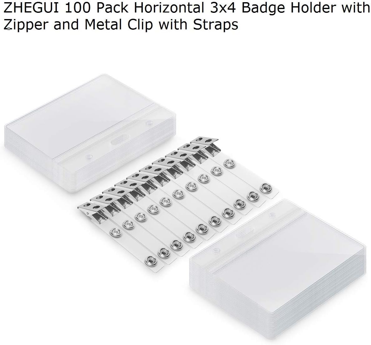 Clear Plastic Horizontal Name Tag Holder and Metal Badge Clip with Vinyl Straps Waterproof PVC ID Card Holders (100 Pack, Horizontal Large 3x4)