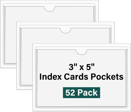 52 Pack Clear Adhesive 3" x 5" Index Card Pockets with Top Open, Plastic Card Sleeves Index Card Holder for Organizing Storage Bins, Library Cards, Notes, Drawer