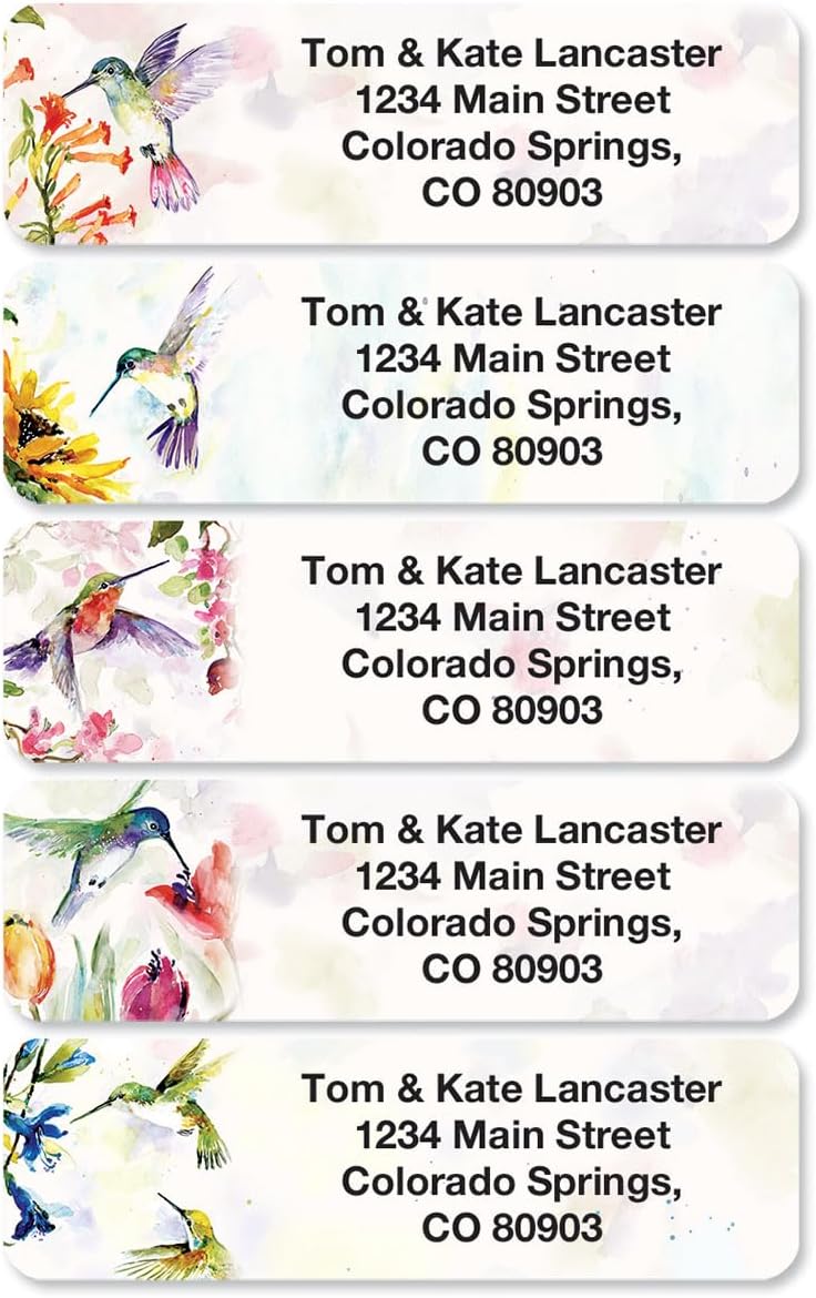 Colorful Images Fluttering Hummingbirds Rolled Personalized Return Address Mailing Labels with Dispenser, Customize with Name & Shipping Address, 250 ¾” x 2½ Self Adhesive, Easy Peel Label Roll