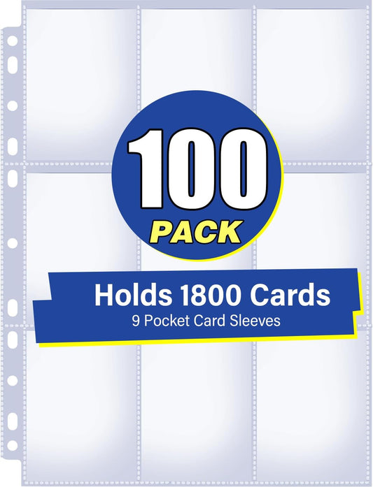 100 Pack 9 Pocket Double Side Card Sleeves Binder Sheets, Holds 1800 Cards, Trading Card Binder Sleeves for 3 Ring Binder, Card Sleeve Pages for Baseball, Football, Business, TCG, Kpop Cards