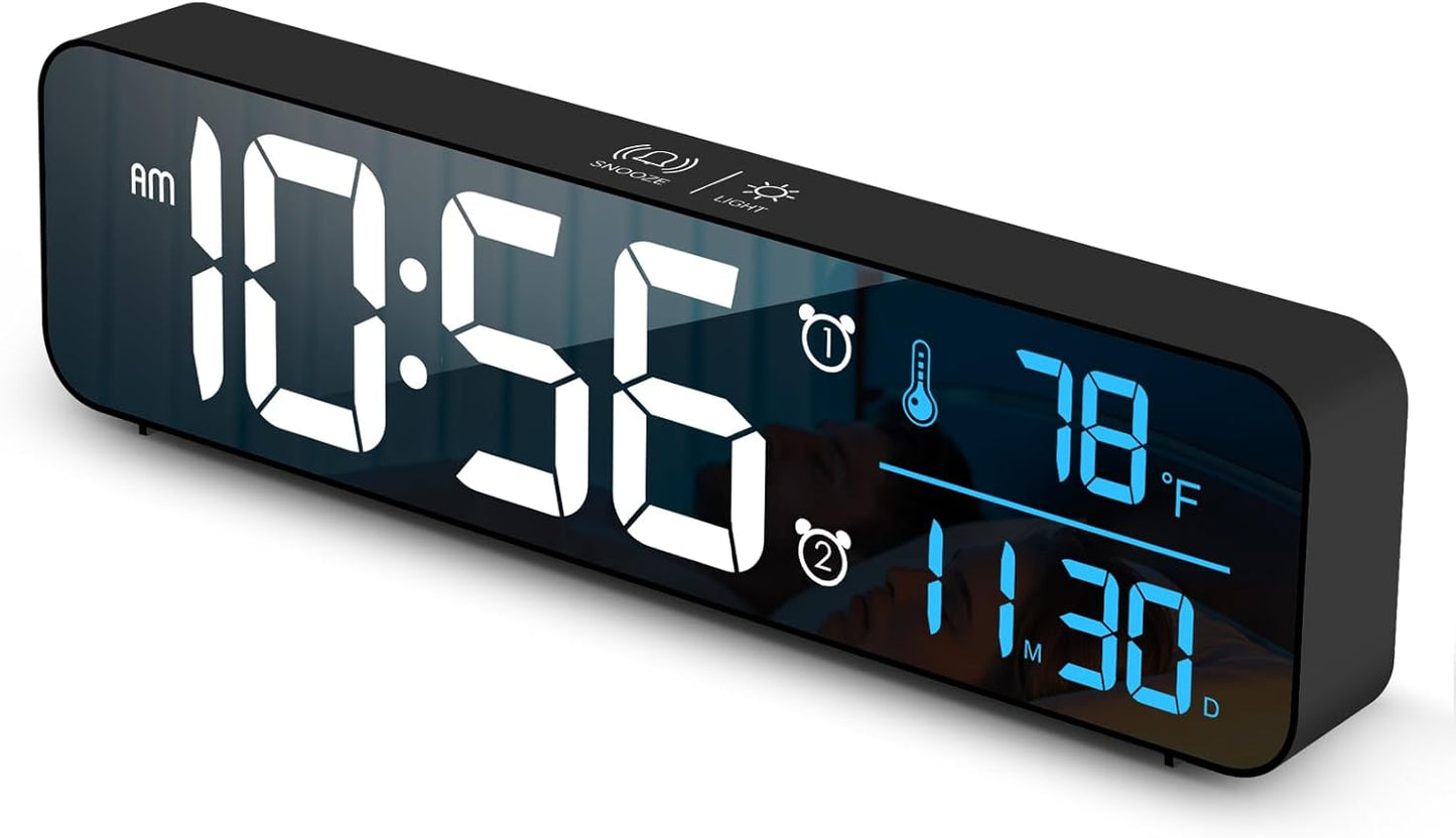 Digital Clock for Bedroom, Clocks for Living Room Decor, Desk Table Clock, Alarm Clock Large Display with Date Week Temperature, Automatic Brightness Dimmer, Smart Cool Modern (Black Blue)
