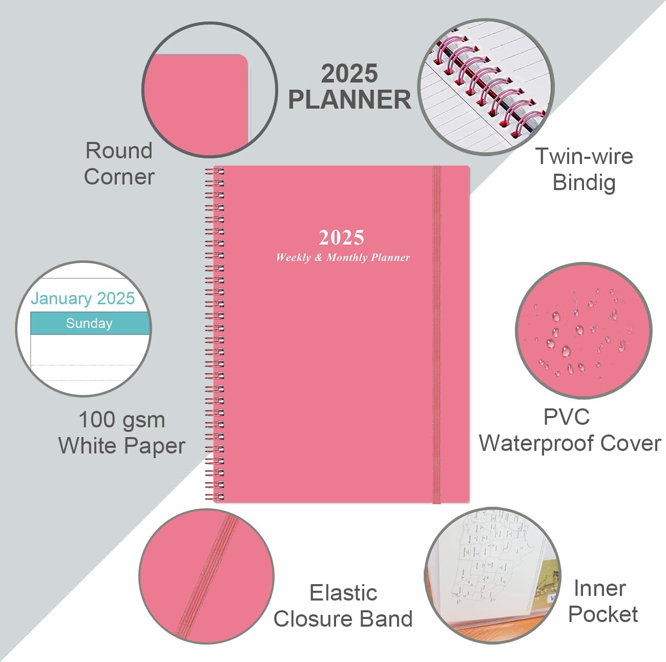 2025 Planner - Planner 2025 from January 2025 to December 2025 with 12 Monthly Tabs, Flexible Cover, Inner Pocket, 8.5" x 11", Pink