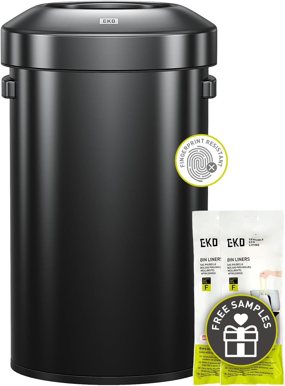 EKO 16-Gallon Round Black Stainless Steel Open Top Trash Can, Large Commercial Waste Bin with Detachable Lid and Carrying Handle, Brushed Metal Garbage Bin for Home, Office, Restaurant, Restroom