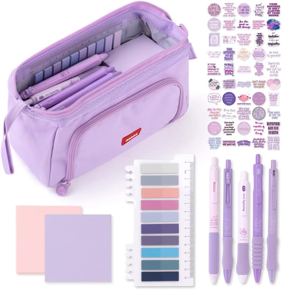HVOMO Stationery Set,1 large-capacity pencil case,5 quick-drying pens,50 waterproof stickers,2 sticky note pads(200 sheets),1 set of 10-color index labels (200 sheets),Student stationery gift (Purple)